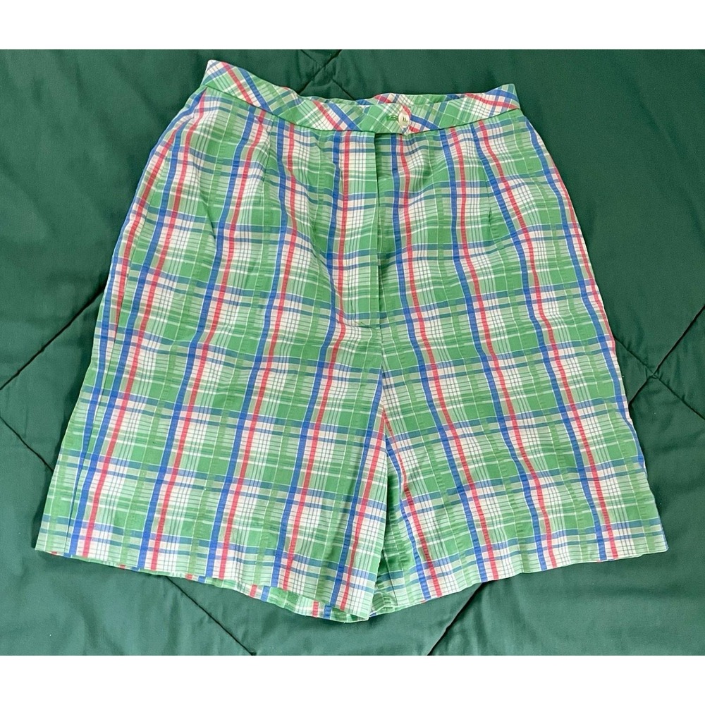 Vtg Womens Haymaker Sz 8 Shorts Flat Front Searsucker Plaid Green Red Blu Tennis